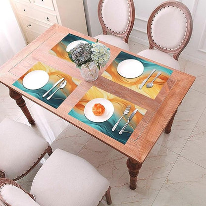 Orange Teal Marble Placemats Set of 4, Washable Non-Slip Heat-Resistant Kitchen Table Mats for Dining Outdoor Holiday Party Home Decor 12"x18", Linen Place Mats