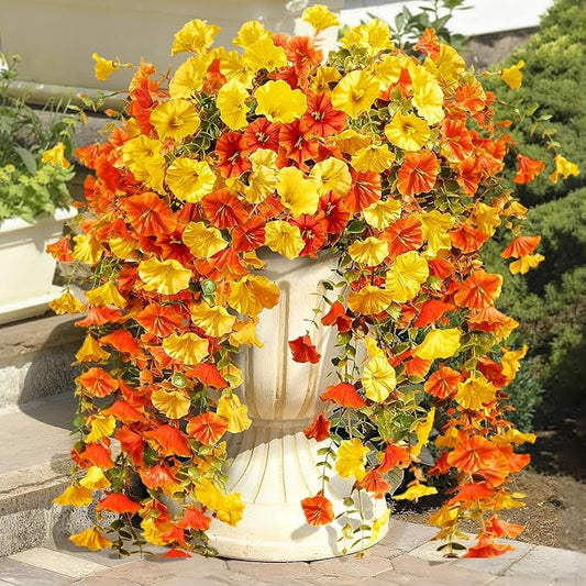Artificial Flowers for Outdoors Fall Hanging, 4-pack Artificial Morning Glory includes 180 Flowers, Uv-Resistant Faux Silk Fake Realistic Plants for Home Garden Porch Patio Balcony Planter Yard