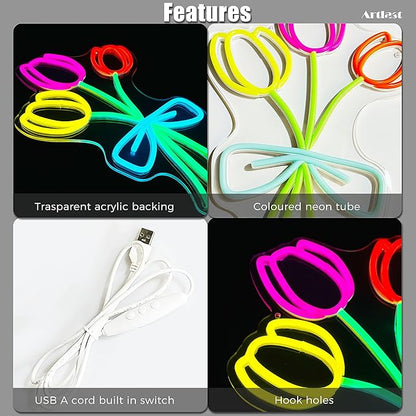 Tulip Flower Neon Sign for Wall Decor LED Tulip Lamp With Dimmable Switch Tulip Neon Night Light for Bedroom Wall Decor Flower Shop Decor Tulip Sign for Living Room Party Decoration