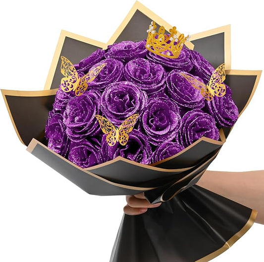 Waipfaru 24 Pcs Glitter Roses Bouquet, DIY Fake Flowers Bouquet, Artificial Purple Rose Bouquet for Valentines, Mothers Day Gifts, Anniversary, Engagement, Wedding