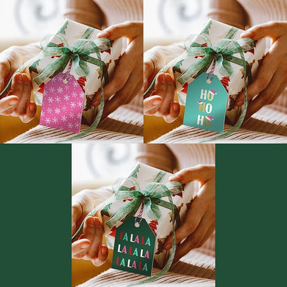 Pro Supply Global 24 Count of 2.5 Inch x 3 Inch Pre Strung Christmas FA La La Gift Tag Assorted Printed Designs on Large Cardstock Gift Hang Tags - Ideal to Use on Bags