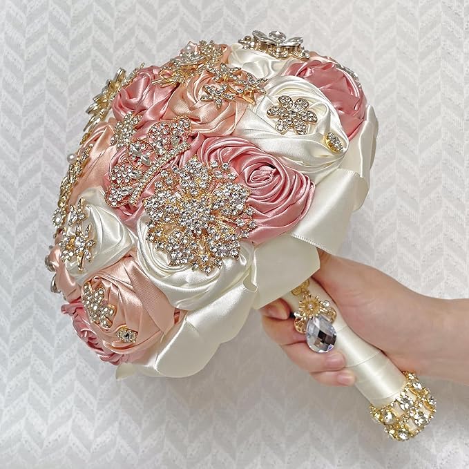 Handmade Satin Rose Floral Bling Pearl Decor Bridal Wedding Bouquet Rhinestone Pendant Artificial Brooch Flowers for Bride Bridesmaid Quinceanera