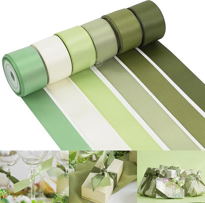 HUIHUANG Sage Green Satin Ribbon 1 inch Sage Double-Faced Silk Satin Ribbon for Gift Wrapping Flower Bouquet Wedding Baby Shower Decor Crafts- 6 Colors X 5 Yards Each