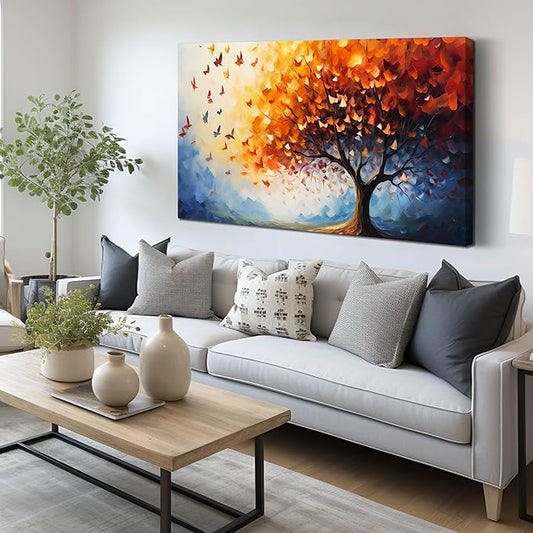 ANCXWOTER Butterfly Tree Canvas Wall Art for Living Room Bedroom Home Office Orange and Blue Colorful Butterfly Picture Tree of Life Wall Art Large Modern Canvas Prints 24x48 In