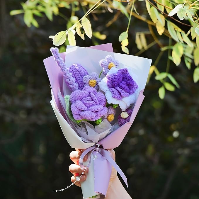 Crochet Flower Bouquet, Crochet Flowers Purple Tulip Rose Handmade Knitted Bouquet for Birthday Graduation Wedding Gift for Women Girlfriend Lover Wife Decor (Purple)