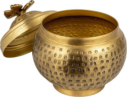 Round Hammered Metal Container with Butterfly Finial, Brass Finish