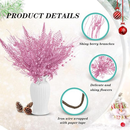 30 Pcs Artificial Christmas Tree Picks and Sprays Glitter Berry Stem Branches Holly Floral Picks Twigs Christmas Tree Ornaments for DIY Xmas Wreath Vase Filler Decorations(Pink)