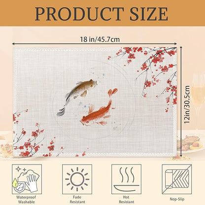 Japanese Cherry Blossom and Fish Placemats Set of 6 Place Mats for Kitchen Table Washable Farmhouse Linen Table Mats Dining Decoration 12x18 Inch