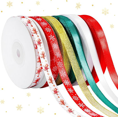 6 Rolls Christmas Ribbon for Crafts 3/8 Inch Glitter Fabric Holiday Festival Grosgrain Ribbon for Wrapping Decoration Floral Bows Craft(Gingerbread)