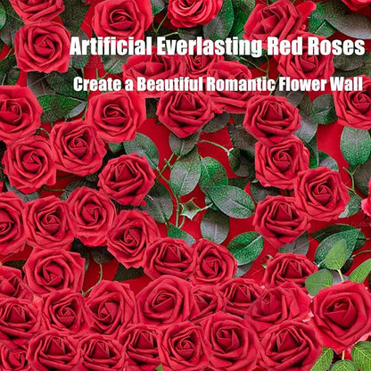 Cliselda 100Pcs Red Fake Roses Artificial Flowers with Stems, Valentine's Day Gifts, Real Touch Foam Rose Bulk Faux Flowers for Wedding Bouquets Centerpieces Flower Arrangement