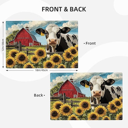Farmhouse Sunflowers Cow Placemats Set of 6, Country Barn Place Mats, Rustic Flowers Cow Dining Table Mats, Washable Placemats for Kitchen Dining Room Home Decor 18L'' × 12W''