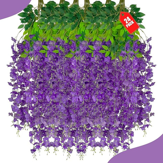 24Pack Purple Wisteria Hanging Flowers, 3.44 Ft Fake Hanging Flowers, Artificial Wisteria Garland Vines for Wedding Room Backdrop Outdoor Patio Garden Decoration