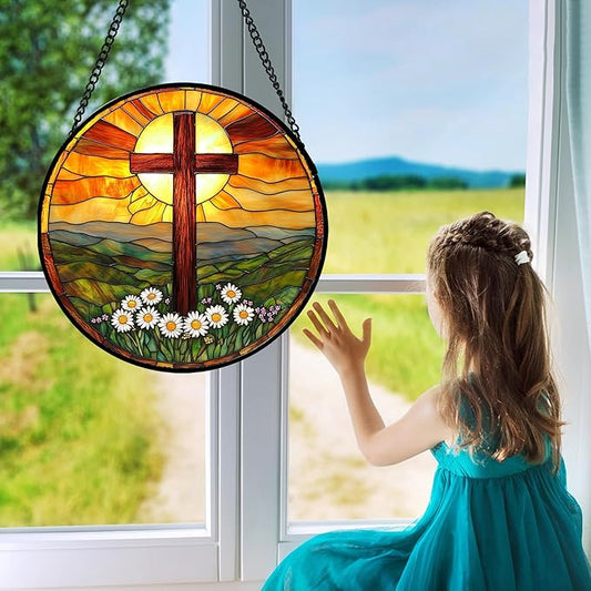 Christian Gifts for Women - Cross Stained Glass Window Hanging Easter Daisy Natural Landscape Sun Catcher Garden Religion Decor Mother's Day Catholic Gift for Men Grandma Mom Her Nana 7.8"