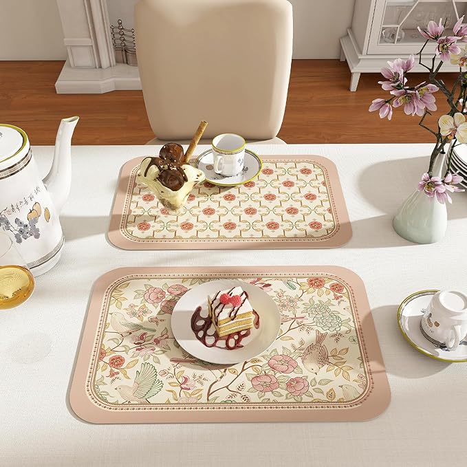 patdrea French Floral Red Rectangular PVC Placemats, Pack of 6, Waterproof Insulation, Soft and Durable, Suitable for Dining Table, Kitchen and Coffee Table Decoration,12"*17"
