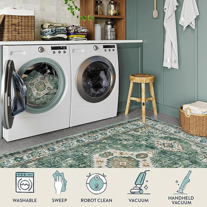 Lahome Oriental Hallway Runner Rug, 2.5x8 Kitchen Runner Non Slip Ultra-Thin, Soft Washable Hallway Rug Non Shedding Long Carpet for Entryway ‎Laundry Room Bathroom, Green/Multi