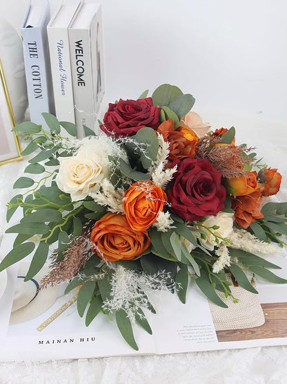 Rinlong 16 Inch Wedding Bouquets for Bride Fall Burgundy & Terracotta Roses, Dahlias, Peonies, Greenery Bouquet for Wedding, one, Boho