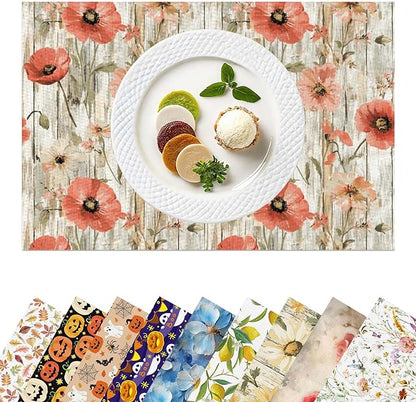 Placemats Set of 4 Waterproof Oilproof Table Mats Vintage Poppy Flowers Washable Wipeable Heat Resistant Easy to Clean for Indoor Outdoor Party Kitchen Dining Table Decoration 12 * 18in