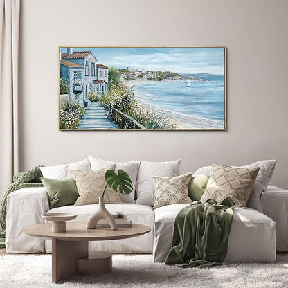 KLAKLA Coastal Decor Nautical Boat on Beach Canvas Picture Ocean Seagull Seascape Canvas Print Farmhouse Artwork for Seashore Bedroom Living Room Large Square Blue Teal 24x48 Inches