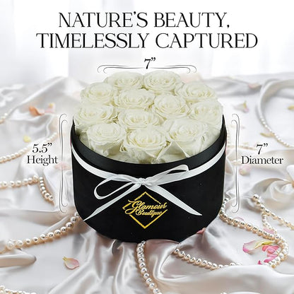 GLAMOUR BOUTIQUE Flowers Forever Gift Box 12 Real Preserved Roses in a Velvet Black Box, Birthday Gift for Her Mom and Wife, Mothers Day, Anniversary, Graduation - White
