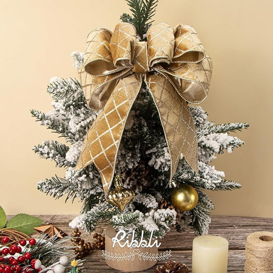 Ribbli Champagne Gold Velvet Ribbon Wired with Glitter Diamond Grid 2-1/2 Inch Christmas Ribbon for Christmas Tree Decoration Big Bow Gift Wrapping Crafts Wreaths Garland Supplies - 10 Yards