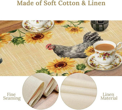 Rooster Sunflower Table Runner Vintage Farm Chicken Flower Dinner Runner for Country Farmhouse Home Kitchen Dinner Table Party Decoration 13x60in