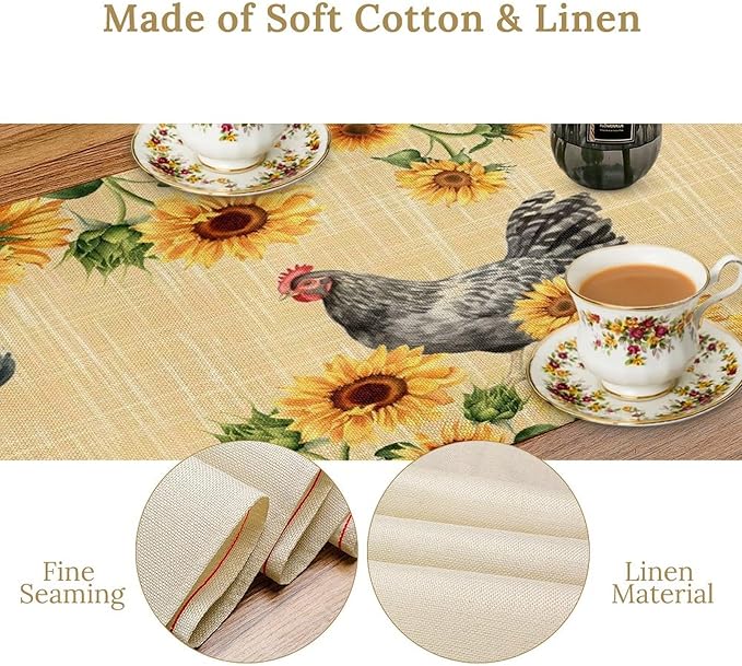 Rooster Sunflower Table Runner Vintage Farm Chicken Flower Dinner Runner for Country Farmhouse Home Kitchen Dinner Table Party Decoration 13x108in