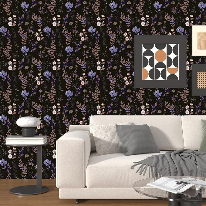 Black Floral Wallpaper Peel and Stick Purple Leaf Contact Paper 17.4" X 118" Moody Dark Wallpaper Waterproof Self-Adhesive Vintage Wall Covering for Bedroom Countertop Desk Cabinets Decor