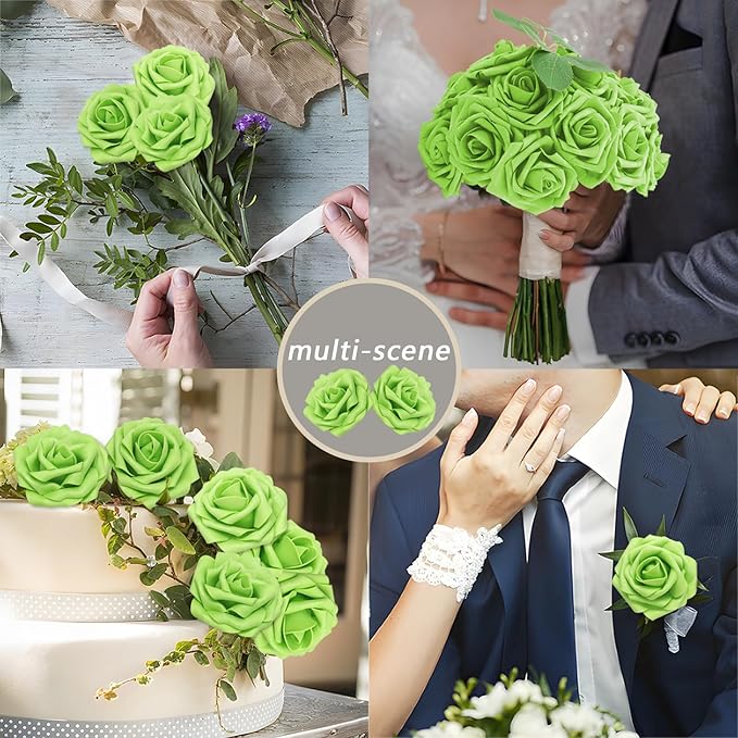100Pcs Green Artificial Flowers Roses Real Looking Foam Fake Roses with Leaves for DIY Wedding Bouquets Bridal Shower Centerpieces Party Decorations (Green, 100)