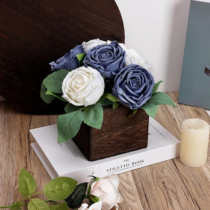 Dining Table Centerpiece Set of 6 - Pre-Made Aritifial Rose with Wooden Vase Fake Floral Arrangment Faux Flower for Wedding Bridal Tea Party Event Decorations - Navy Blue & White