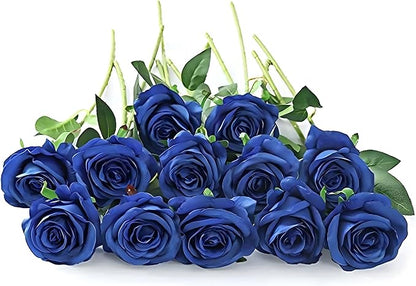 Laelfe 12 pcs Artificial Blue Roses Flowers Long Stem Fake Silk Rose for Home Wendding Decorations (Blue)