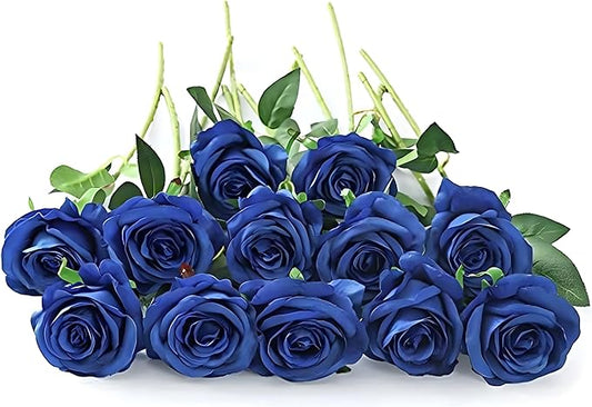 Laelfe 12 pcs Artificial Blue Roses Flowers Long Stem Fake Silk Rose for Home Wendding Decorations (Blue)