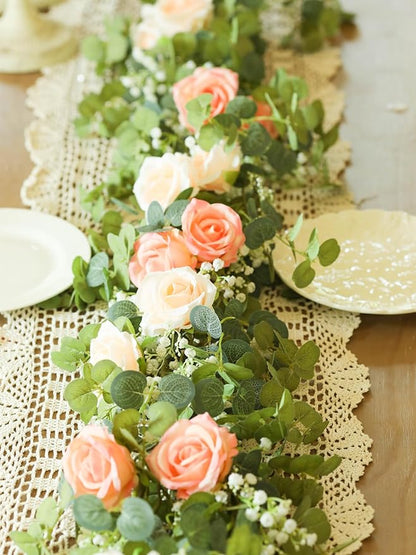 6FT Artificial Eucalyptus Garland with 10 Pink Roses and Baby Breath Flower Greenery Garland for Table Centerpiece Party Wedding Decor Indoor Outdoor Backdrop Wall Decorations