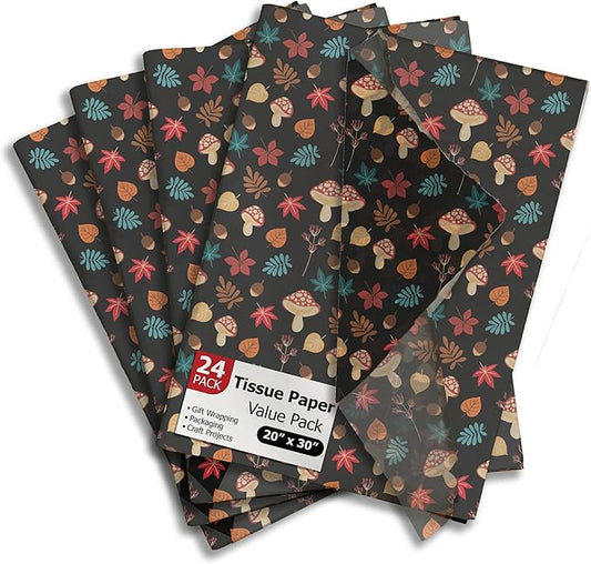 Fall Medley Printed Tissue Paper for Gift Bags or Boxes and Wrapping - Autumn Mushrooms Bulk Decorative Art Tissue Paper for Packaging and Gifting | 24 Sheets 20" x 30"