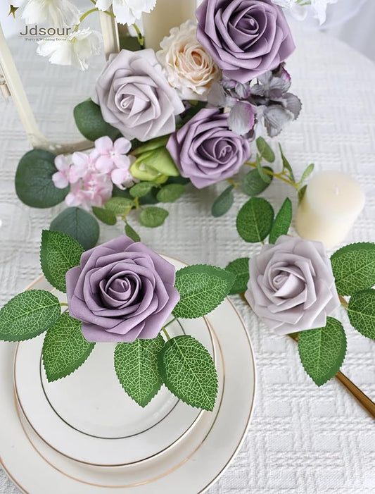 50pcs Artificial Flower，Real Touch Foam Roses w/Stem DIY for Wedding Bouquet Centerpieces Party Shower Home Decor-Violet Lavender Purple