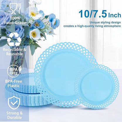 COLOSUS 60Pcs Blue Plastic Plates, Fancy Blue Hanukkah Plates, Nice Scallop plates,Heavy Duty Lace Hollowed Out Plate Set include 30 Dinner Plate 10” and 30 Salad/Dessert Plate 7.5”for Hanukkah