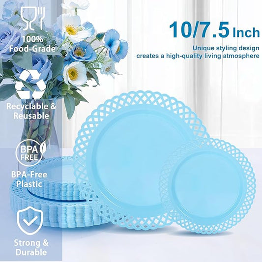 COLOSUS 60Pcs Blue Plastic Plates, Fancy Blue Hanukkah Plates, Nice Scallop plates,Heavy Duty Lace Hollowed Out Plate Set include 30 Dinner Plate 10” and 30 Salad/Dessert Plate 7.5”for Hanukkah