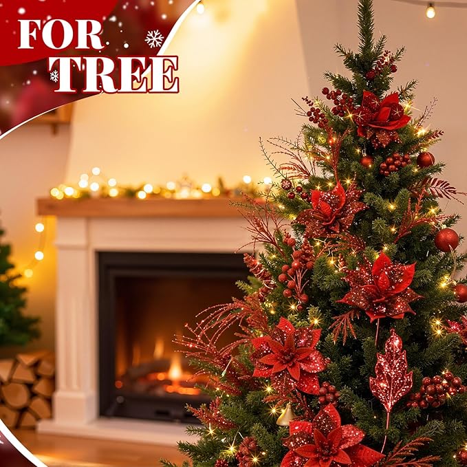 Yerliker 108 Pcs Red Glitter Christmas Picks and Sprays, 12 Styles Artificial Christmas Floral Berry Branches Flowers Stems for Xmas Tree Ornaments Wreath Garland DIY Vase Holiday Party Decor