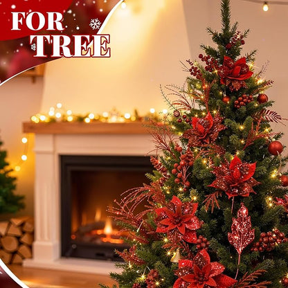Yerliker 108 Pcs Red Glitter Christmas Picks and Sprays, 12 Styles Artificial Christmas Floral Berry Branches Flowers Stems for Xmas Tree Ornaments Wreath Garland DIY Vase Holiday Party Decor