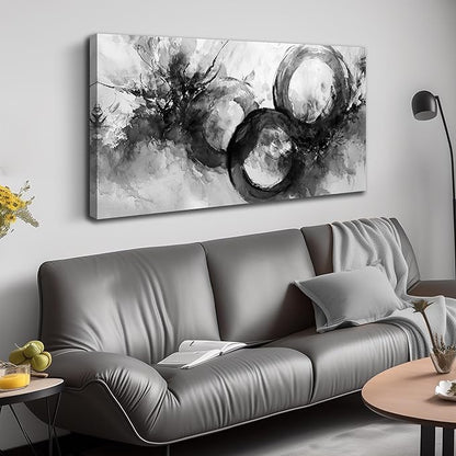 JuhaiArt Black Wall Art Large Abstract Picture Wall Decor White Canvas Art Circle Modern Artwork for Living Room Office 24"x 48"
