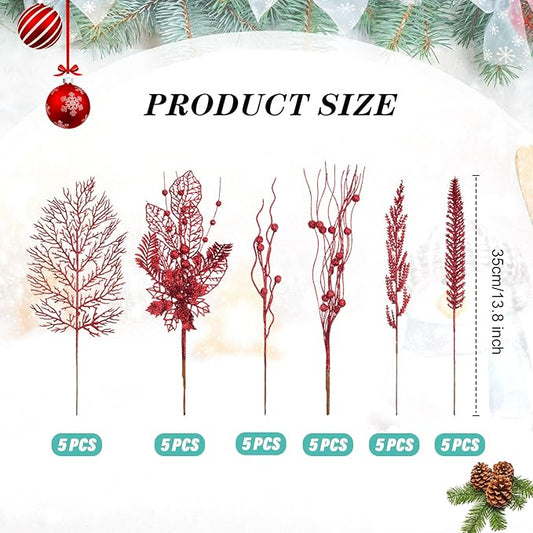 30 Pcs Artificial Christmas Tree Picks and Sprays Glitter Berry Stem Branches Holly Floral Picks Twigs Christmas Tree Ornaments for DIY Xmas Wreath Vase Filler Decorations(Red)