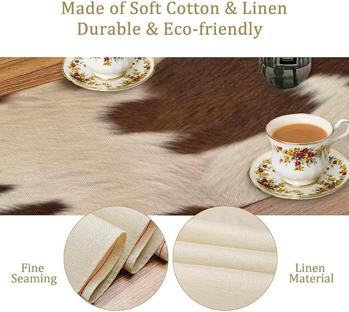 Cow Print Table Runner, Brown Cowhide Western Style Runner Country Farmhouse Cottage Patten Decoration for Home Kitchen Dining,13x120 Inch
