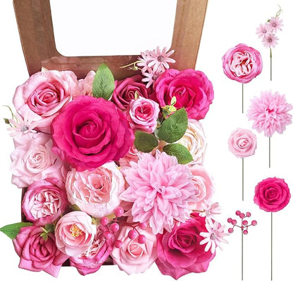 Jspupifip Pink, Hot Pink Artificial Flowers Combo Box Fake Silk Roses with Stems Hydrangea Peony Arrangement for Bridal Shower Boho DIY Wedding Cake White Flowers Table Decorations