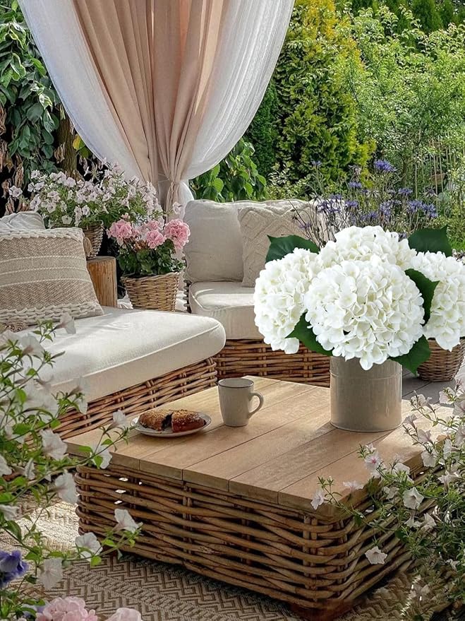 YalzoneMet 4Pcs White Silk Hydrangeas Artificial Flower Natural Lifelike Big Blooms 20'' Long Stem Faux Hydrangea Flower Bouquets for Home Party Indoor Outdoor Wedding Table Centerpiece Decor