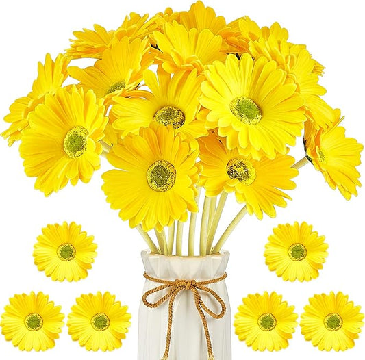 WILLBOND 18 Pieces Artificial Gerbera Daisies Flowers Fake Daisy Faux Boho Daisy Flowers Bouquet 15 in for Boho Birthday Decorations Wedding Home Decor (Yellow)