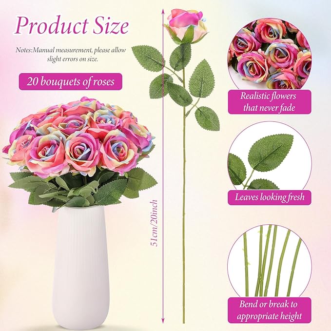 Hotop 20 Pcs Artificial Rose Flowers with Long Stem,Real Touch Silk Realistic Plastic Bouquet Roses Bulk for Home Decor Bridal Wedding Party Table Centerpieces Decorations(Rainbow)