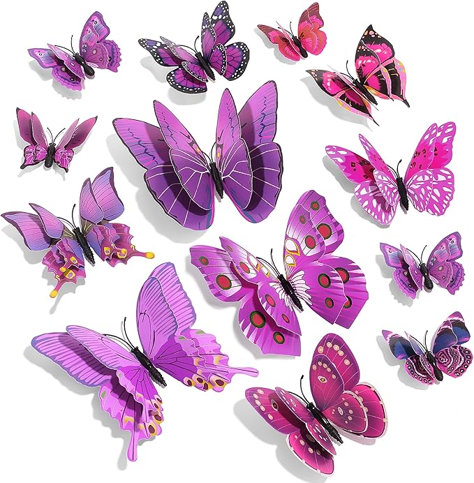 SAOROPEB 3D Butterfly Wall Decor, 48 Pcs Double Layer Butterfly Decorations for Party Decorations Locker Decor Refrigerator Decal, Reusable (Purple)