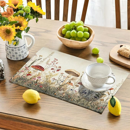 Cute Mushroom Placemats Set of 6, Flowers Plant Place Mats, Rustic Leaves Dining Table Mats, Washable Placemats for Kitchen Dining Room 18L'' × 12W''