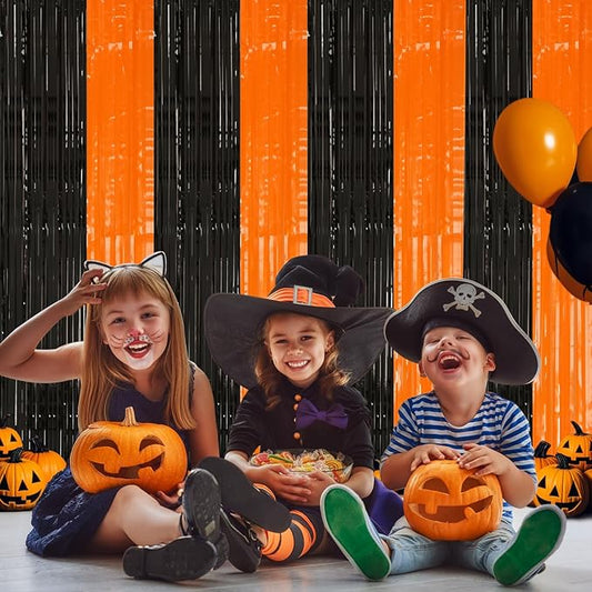 2 Pack Black and Orange Tinsel Foil Fringe Curtain, 3.2Ftx8.2Ft Halloween Backdrop Curtains Photo Booth Props Streamers Christmas Birthday Party Anniversary Wedding Retirement Decorations