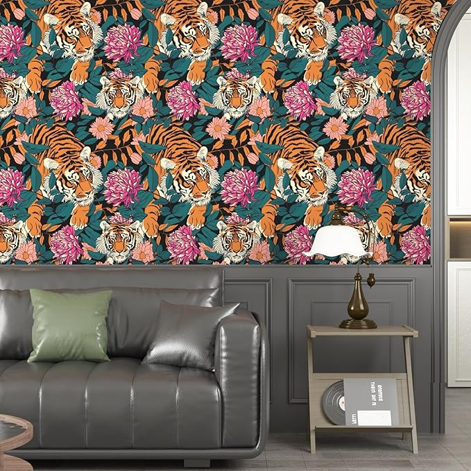 Tiger Stick and Peel Wallpaper Vintage Floral Contact Paper Retro Boho Leaf Wall Paper Removable Renter Friendly Wall Decor for Bathroom Backsplash Drawer Cabinet 17.5 x 393.5In