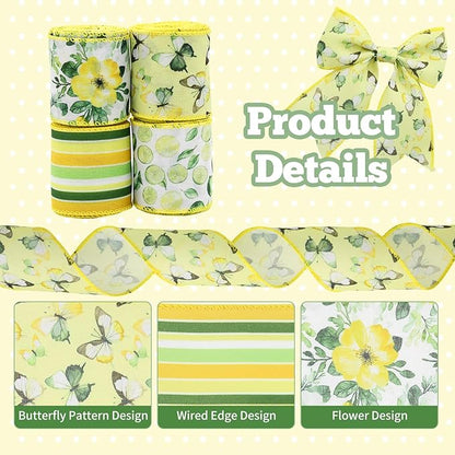 4 Rolls Floral Wired Edge Ribbon – Spring Summer Yellow Grosgrain with Butterfly, Lemon & Flower Motifs for Gift Wrapping, Wedding Decor, DIY Crafts (2.5 Inch, 5 Yards Each), Mother's Day Gift